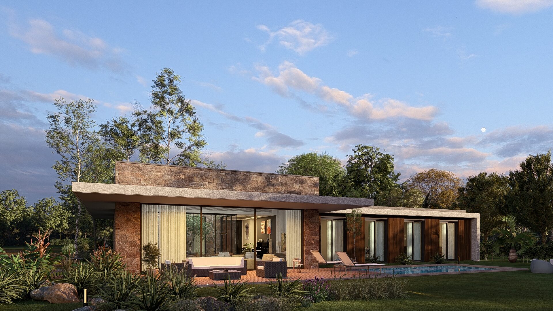 Alacakaranlıkta villa terası