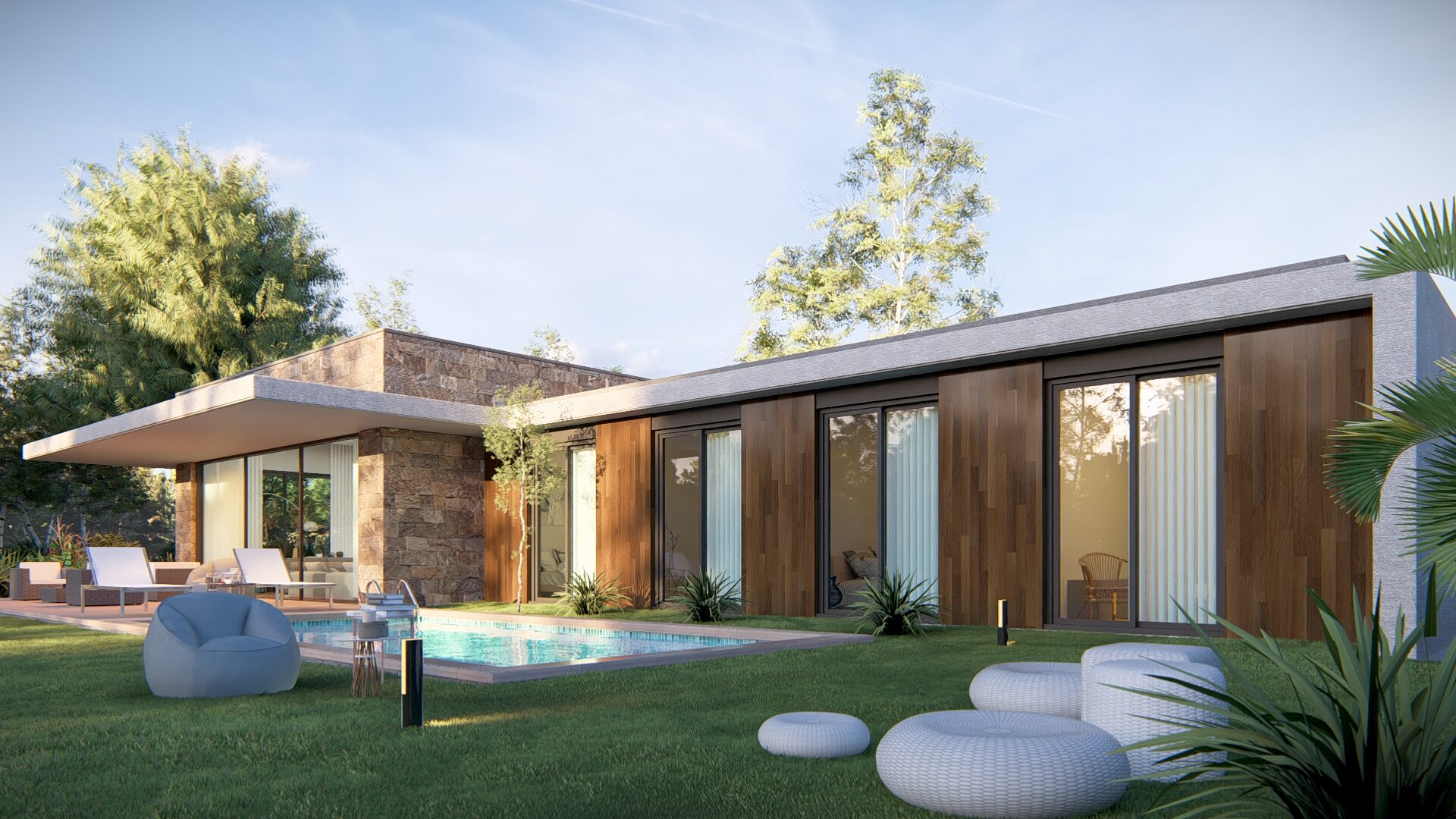 Monde Tepeören villa dış cephe, yeşillik ve mor yasemin ağaçları arasında modern taş villa